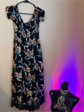 Roxy Black Maxi Dress with Pink & Teal Floral Print